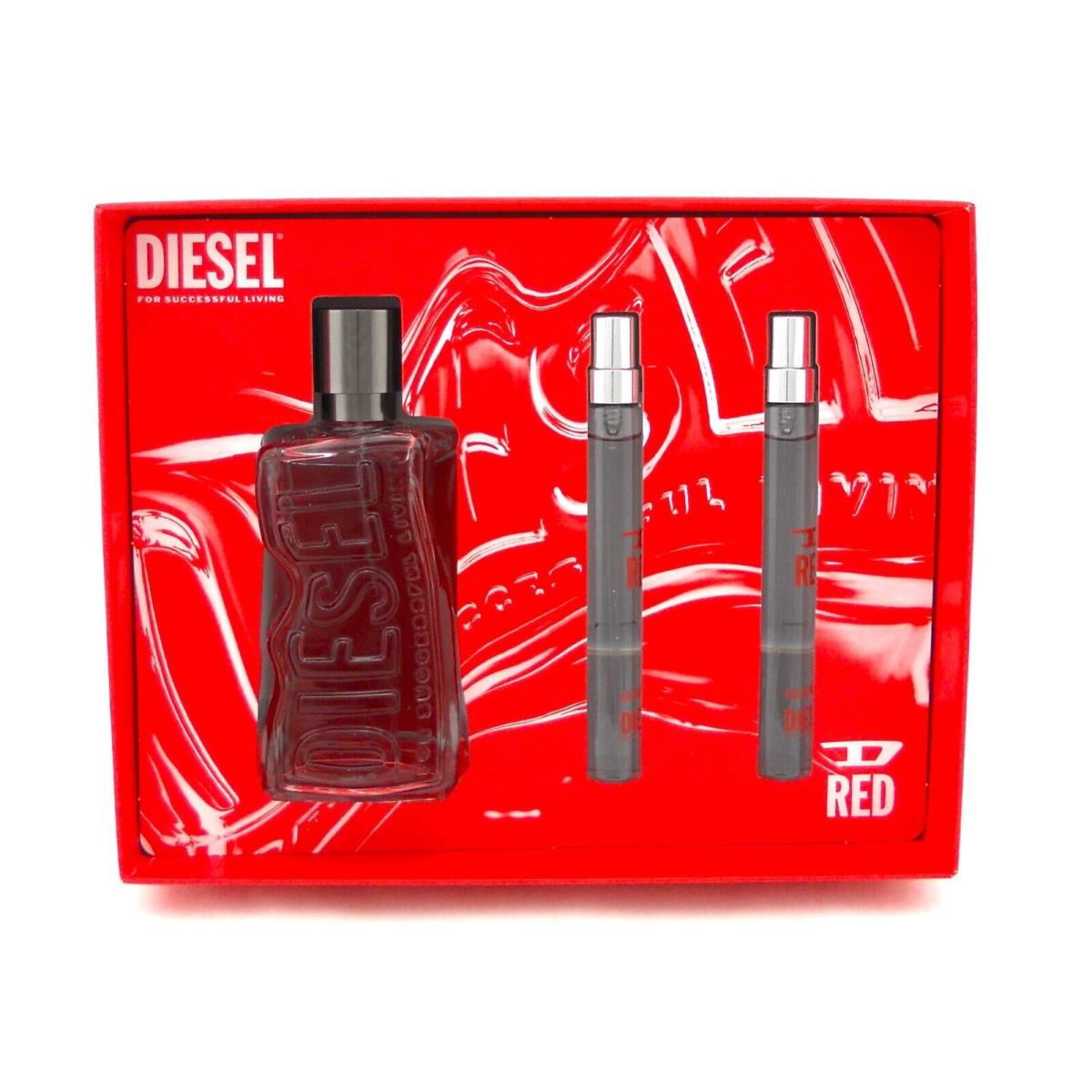 Diesel D Red 3.4 Oz. Edp Spray + 2 x 0.3 Oz. Travel Sprays. Set For Men