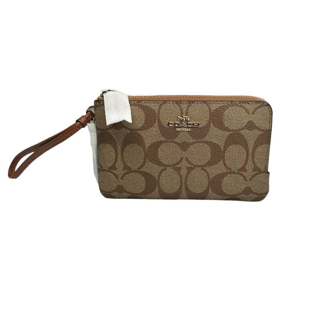 Coach Double Corner Zip Wristlet In Signature Khaki Reedwood