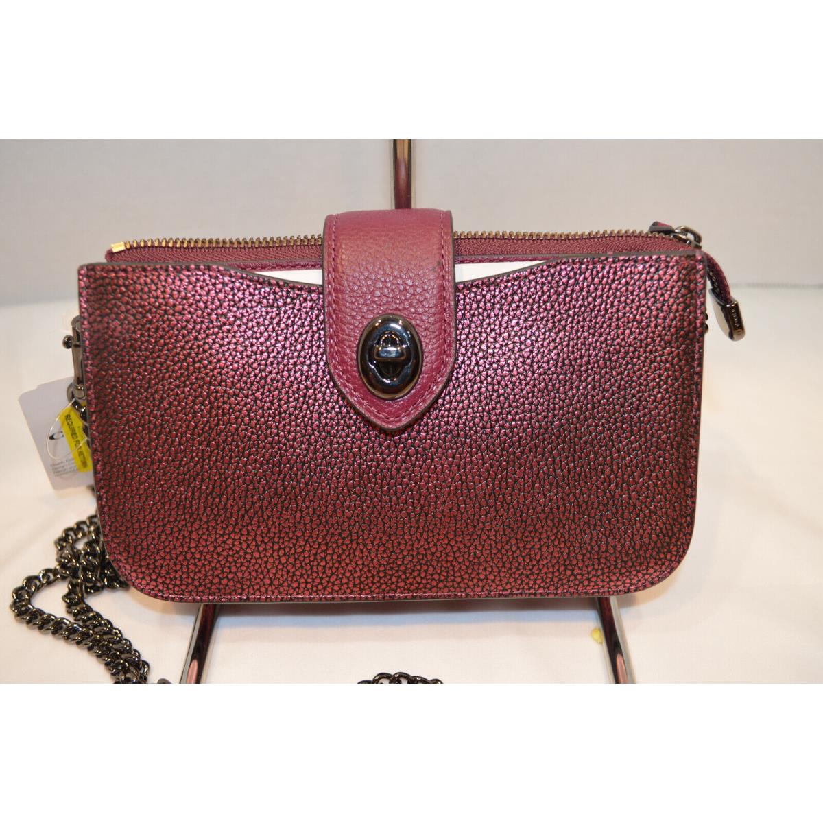 Coach Metallic Leather Turnlock Crossbody Wallet 38934 Berry Gunmetal