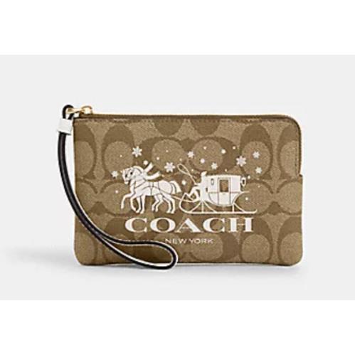 Coach Signature Corner Zip Wristlet Horse and Carriage Khaki CF296 Holiday