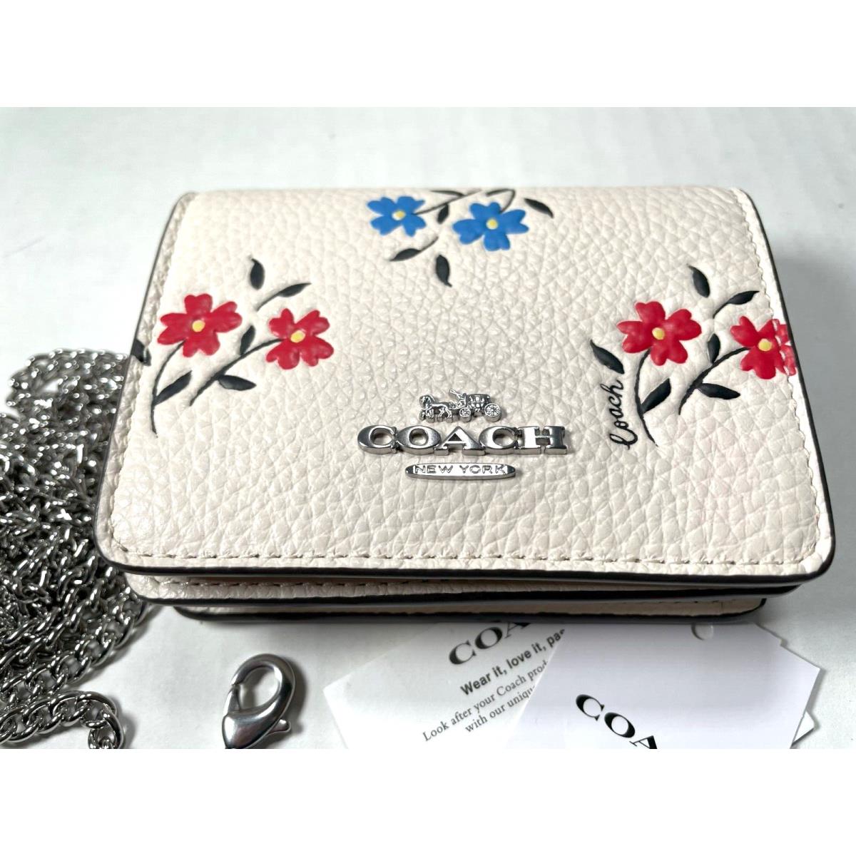 Coach CU005 Pebbled Leather Mini Wallet Chalk Floral Print/metal Chain/$198/NWT