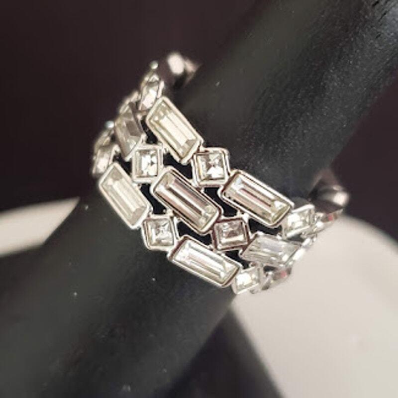 Swarovski Triple Row Wide Ring Rhodium Plated Size 52 US 6 Signed