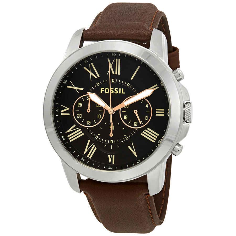 Fossil Grant Chronograph Black Dial Brown Leather Men`s Watch FS4813