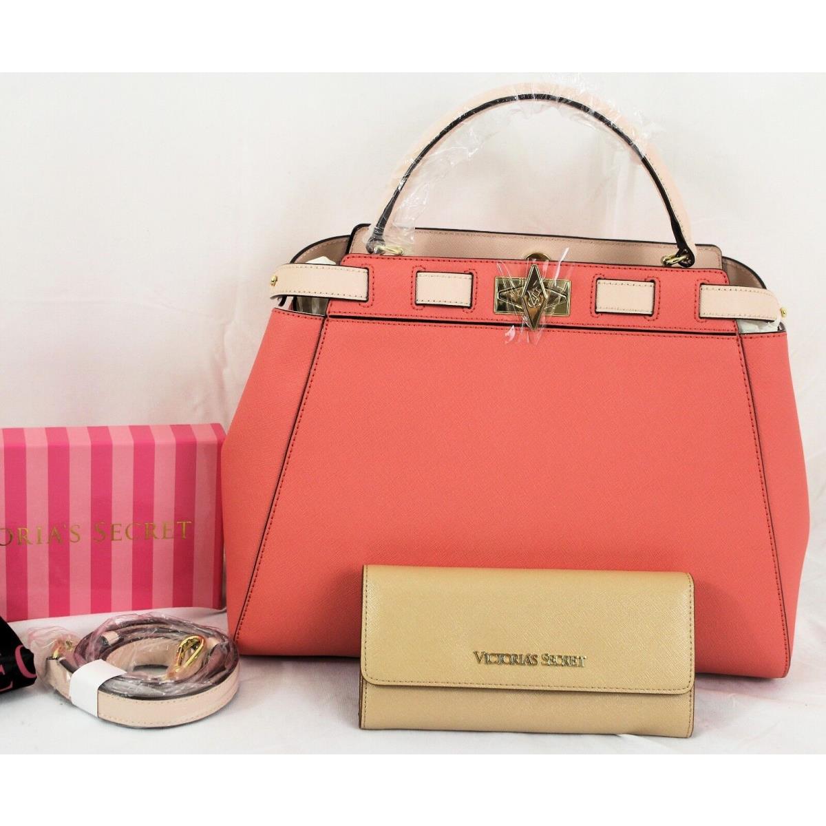 Victorias Secret 2pc Set Leather Satchel Purse Fold-over Wallet Coral Tan