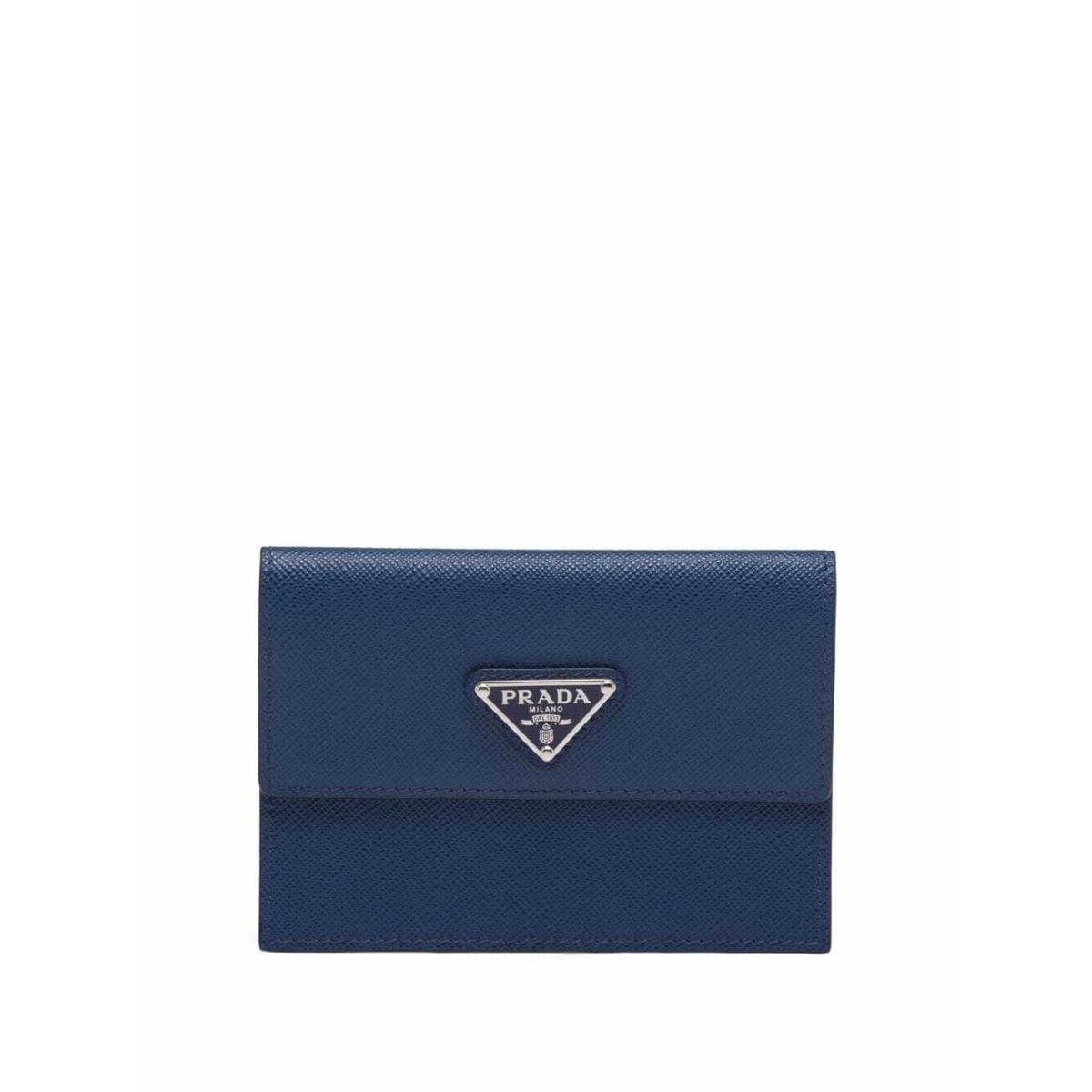 Prada Blue Saffiano Triangle Logo Card Holder Wallet