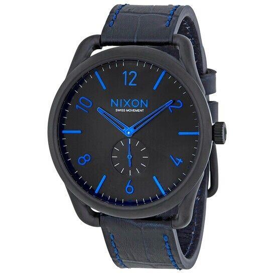 Nixon C45 Leather Analog Quartz Black Blue Mens Watch A4652153-00