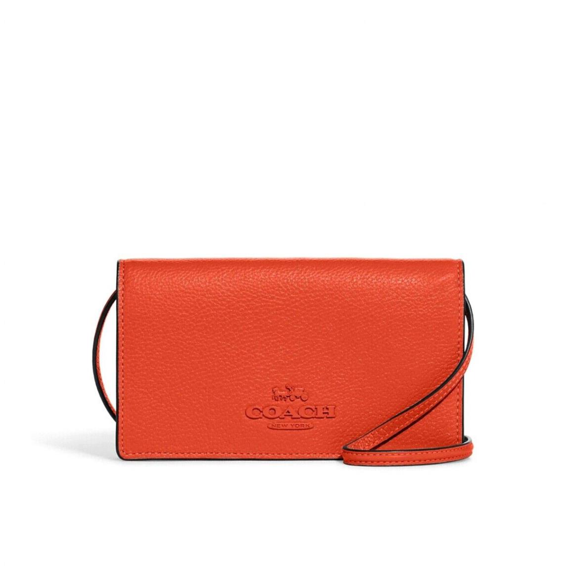 Coach Anna Refined Pebble Leather Foldover Clutch Crossbody Mango Orange CE212