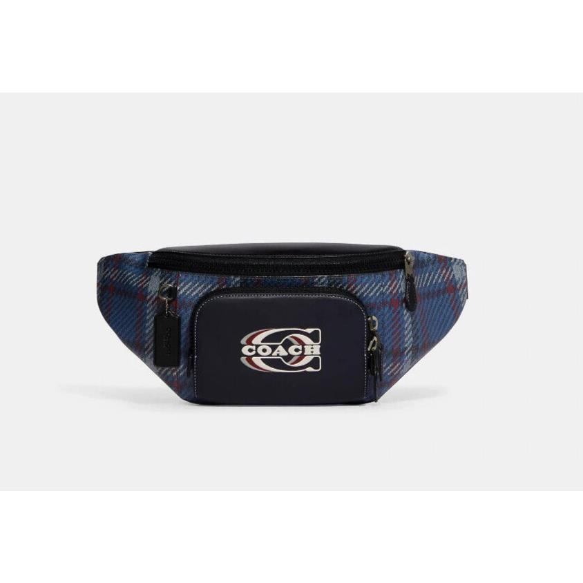 Coach Navy Multi Plaid Print Coated Canvas Calf Leather Track Belt Bag CH109