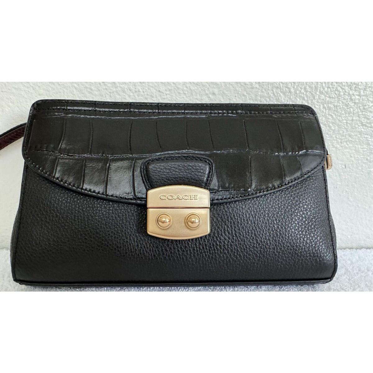 Coach Flap Clutch Black Pebble Crocodile Embossed Snake Leather Wristlet