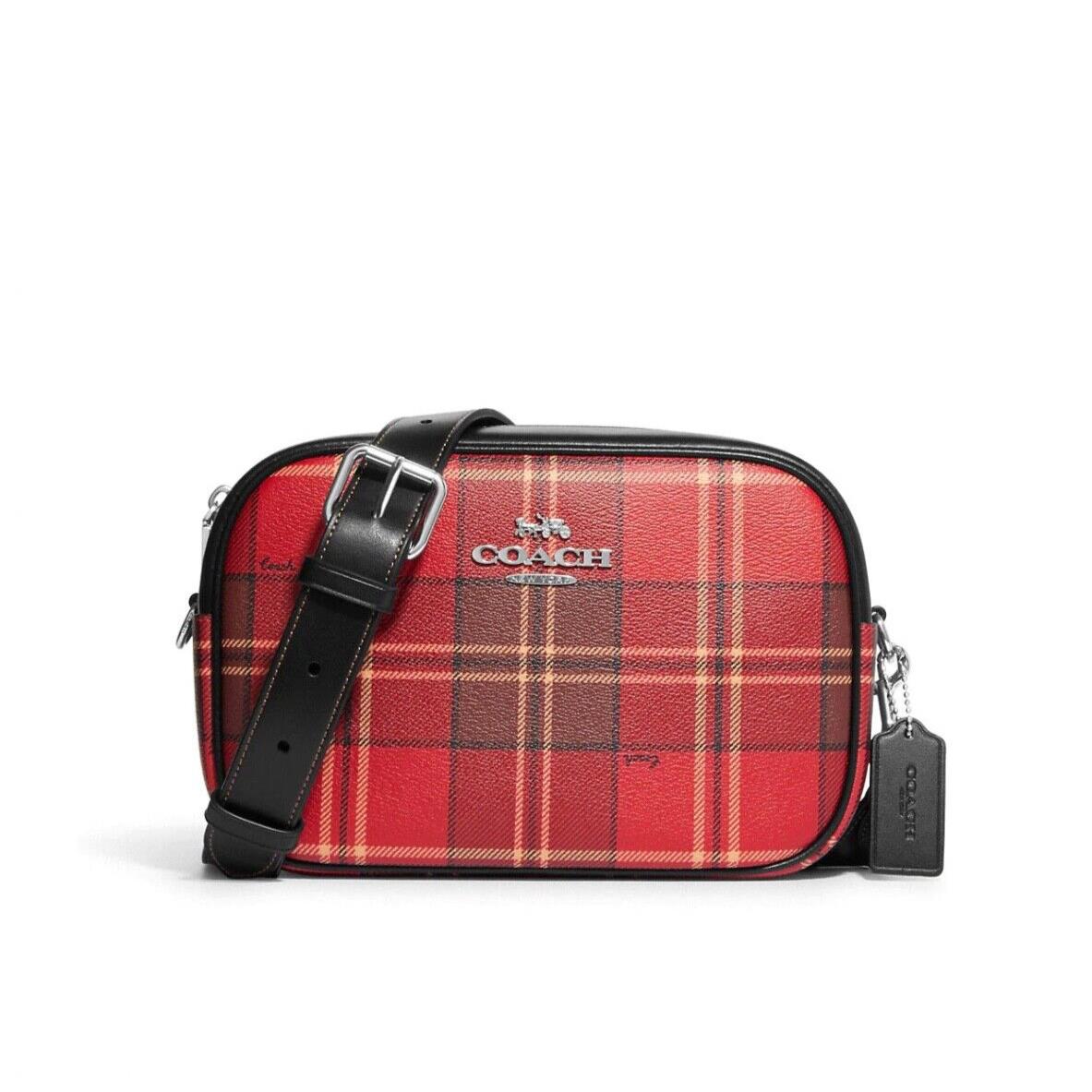 Coach Jamie Camera Crossbody Bag with Tartan Plaid Print Red Black Multi CC146