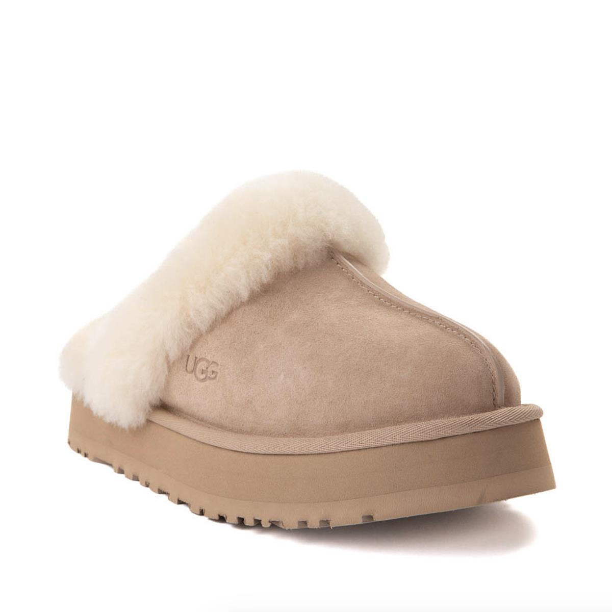 Women`s Shoes Ugg Disquette Platform Sheepskin Suede Slippers 1122550 Sand - Beige