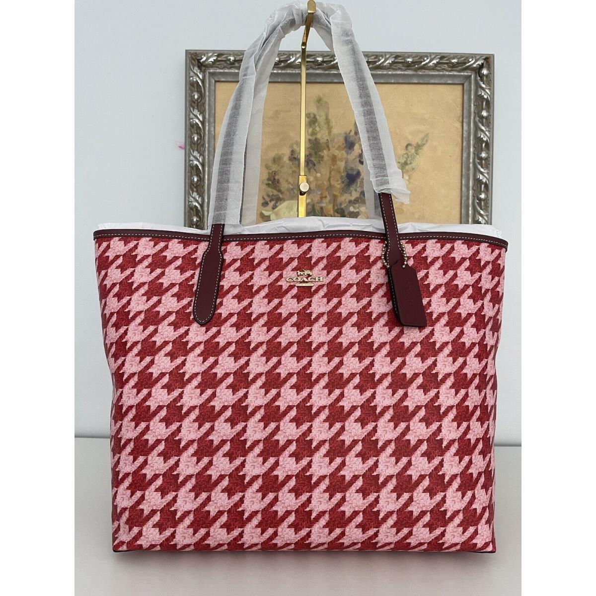 Coach Large City Tote with Houndstooth Print In Pink/red