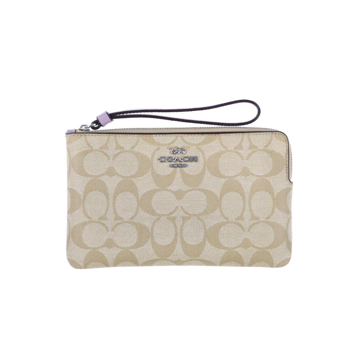 Coach Large Corner Zip Wristlet Signature Canvas Clutch Sv/khaki/soft Lilac