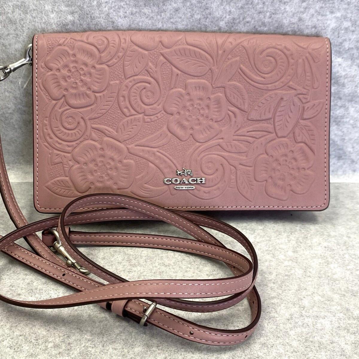 Coach Tea Rose Tooling Foldover Dusty Rose Crossbody Clutch Leather