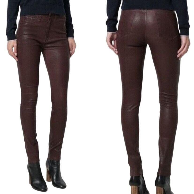 Rag Bone Red Dark Burgundy Mid Rise Lamb Leather Skinny Pants 25