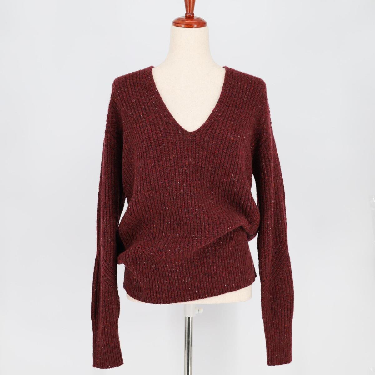 Rag Bone Women Burgundy Donegal Wool Knit Casual V-neck Relaxed Sweater Size S