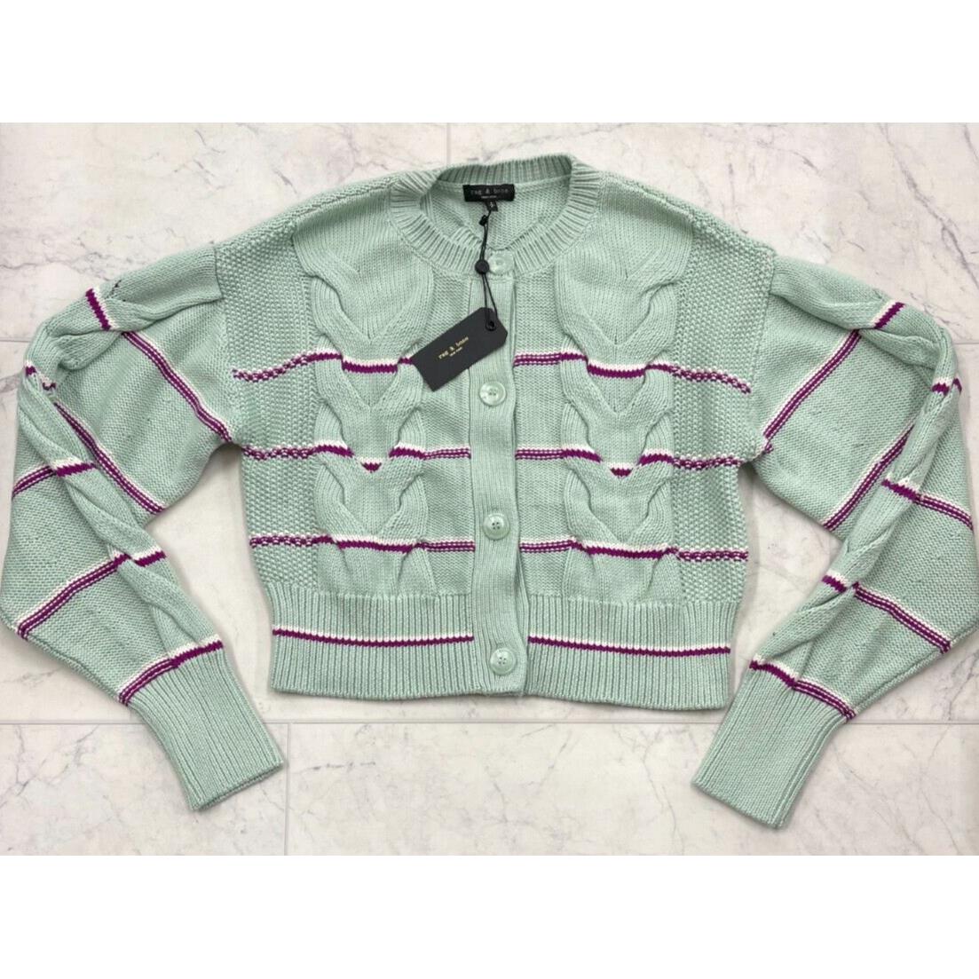 Rag Bone Taylor Crop Knit Cable Cardigan In Mint with Magenta Size: Small