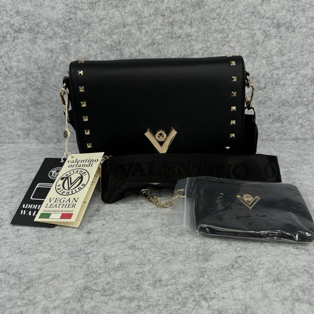 Orlandi Valentino V-2107S Black Vegan Leather Gold Studded Crossbody Wallet