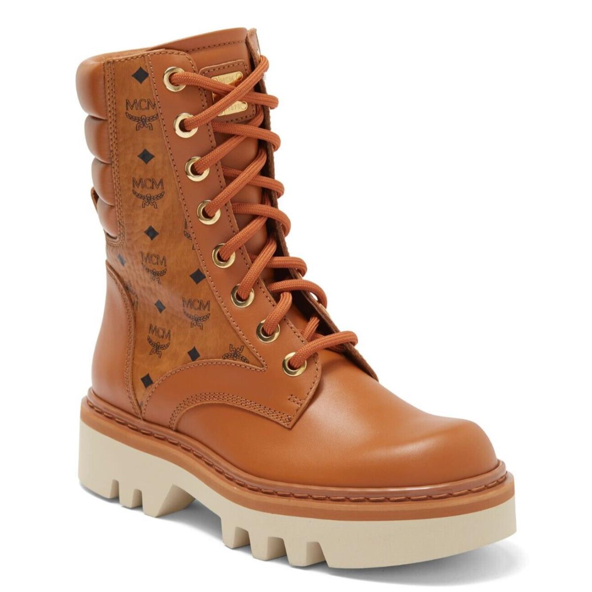 Mcm Women`s Visetos Monogram Calf Leather Combat Boots Cognac Size 39 / US 9