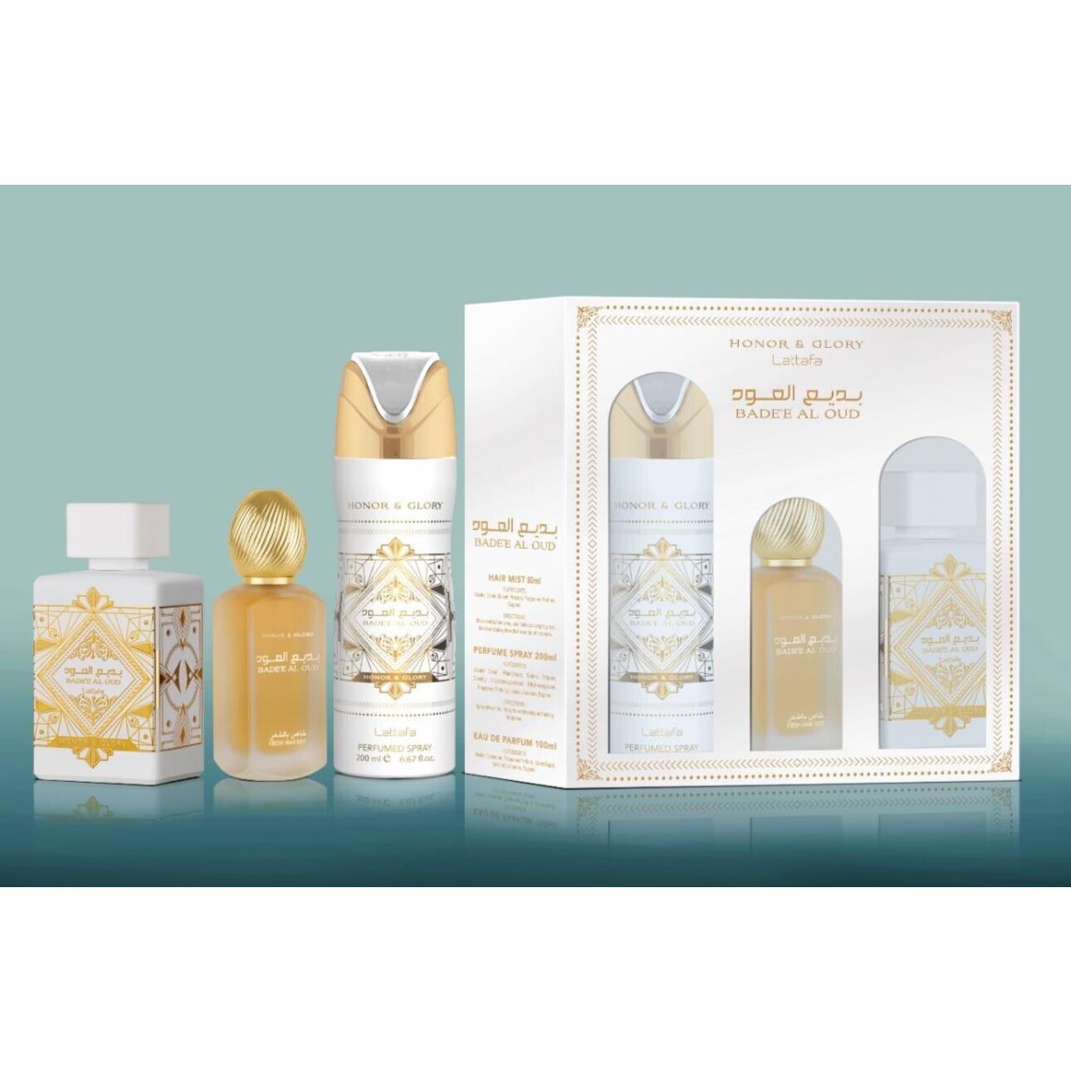 Lattafa Honor Glory 3pc Set: 3.4oz Edp Spray + 1.7oz Hair Mist + 6.7oz Body