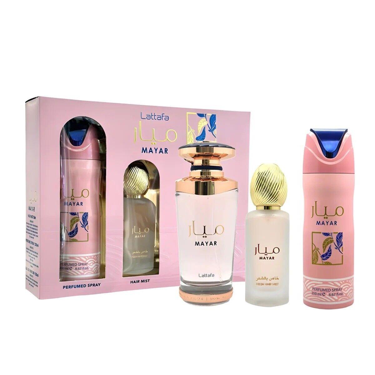 Lattafa Mayar 3pc Set: 3.4oz Edp Spray + 1.7oz Hair Mist + 6.7oz Body