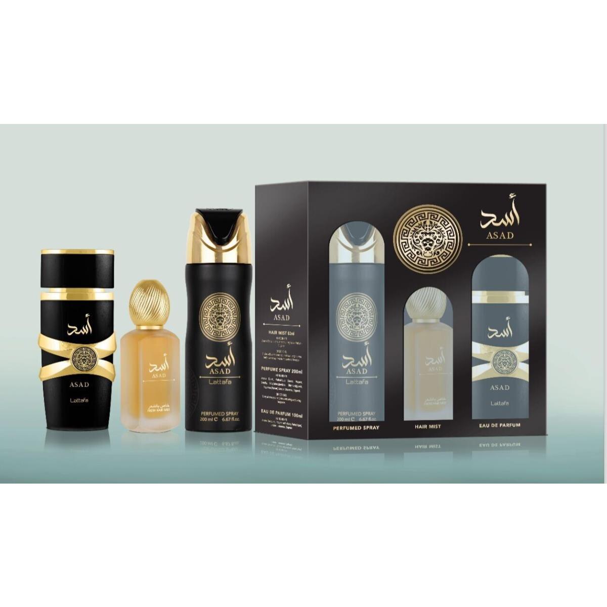 Lattafa Asad 3pc Set: 3.4oz Edp Spray + 1.7oz Hair Mist + 6.7oz Body