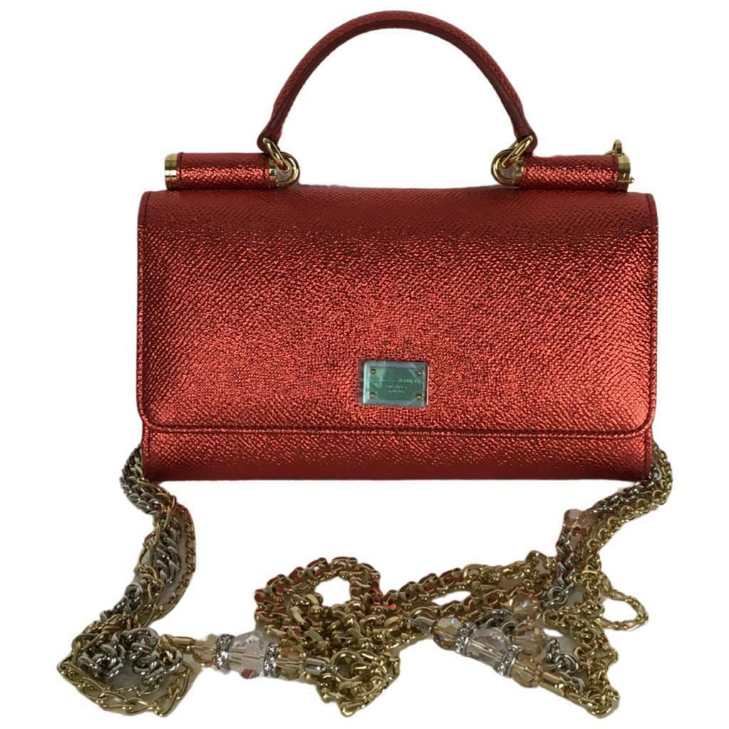 Dolce Gabbana Sicily Von Wallet Clutch Crystal Gold Details Metallic Red DM23