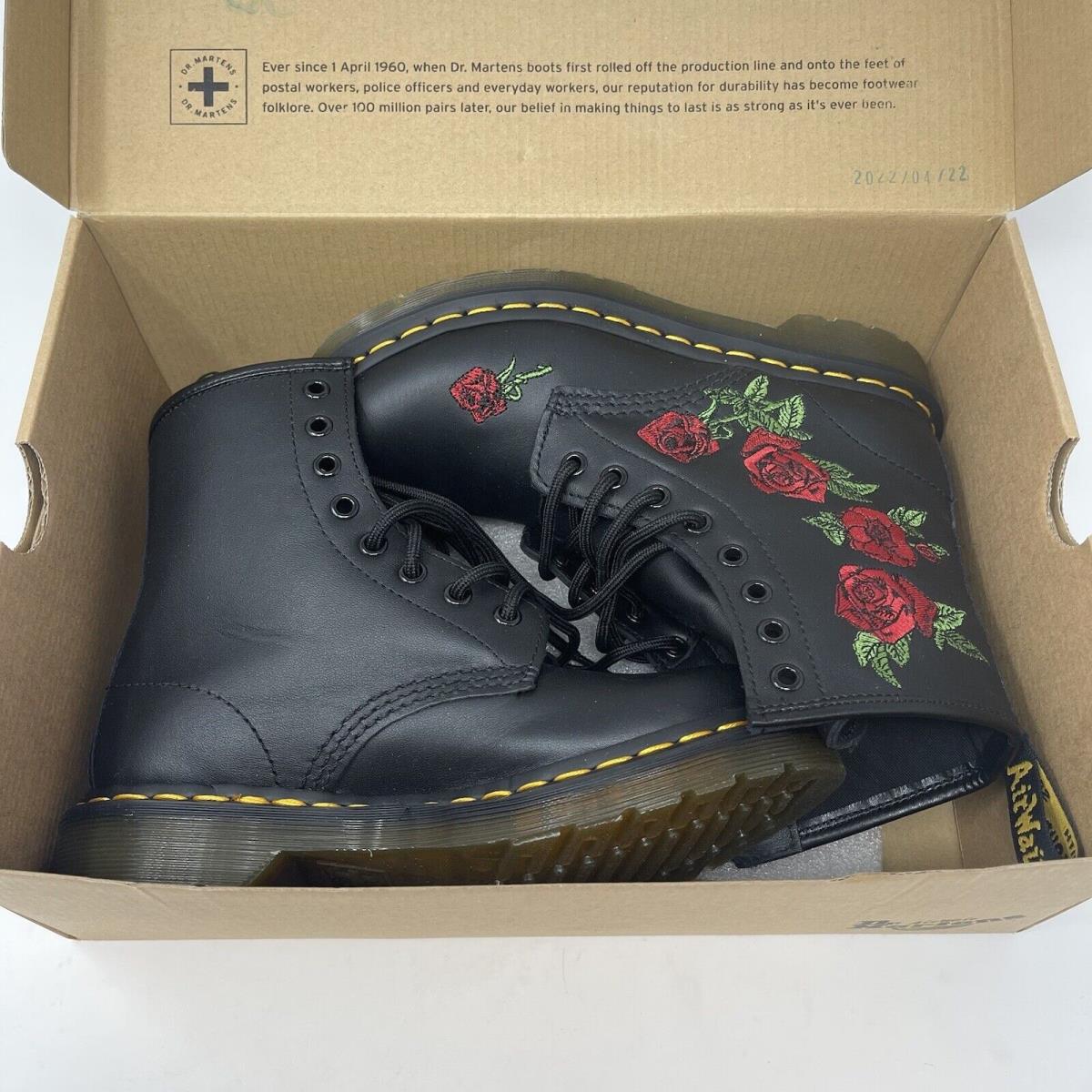 Womens US 6 Dr. Martens Air Wair 1460 Vonda Black Leather Rose Embroidered Boots