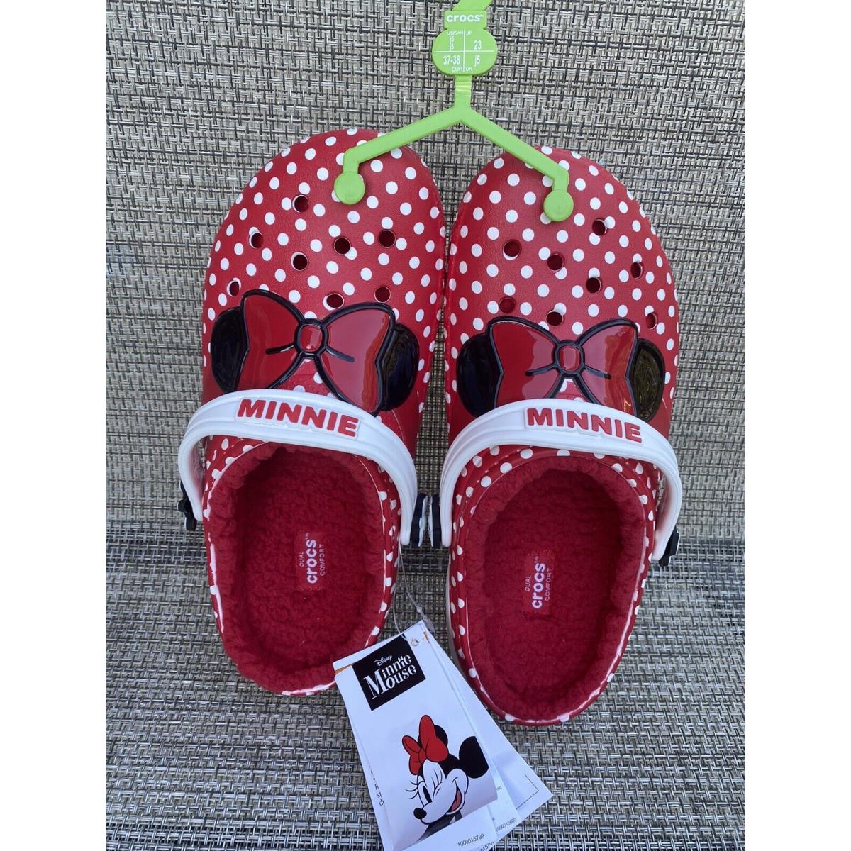 Crocs Disney Minnie Mouse Big Girls Fur Lined Red Bow White Polka Dot Clog Sz j5