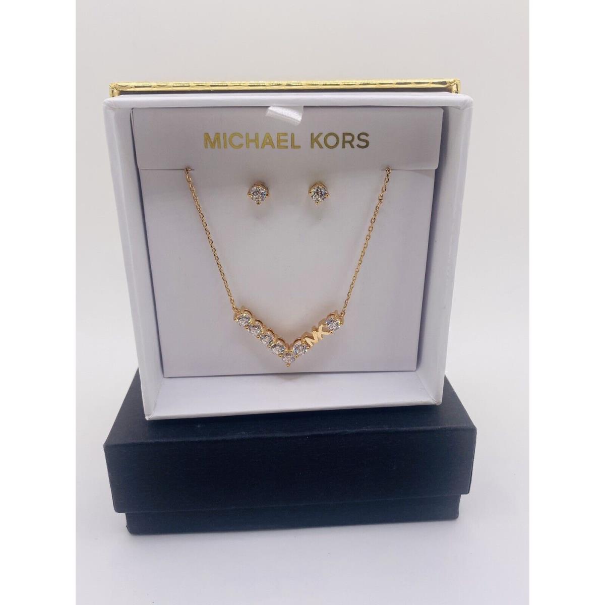 Michael Kors Rose Gold Necklace Earrings MK Logo Crystals