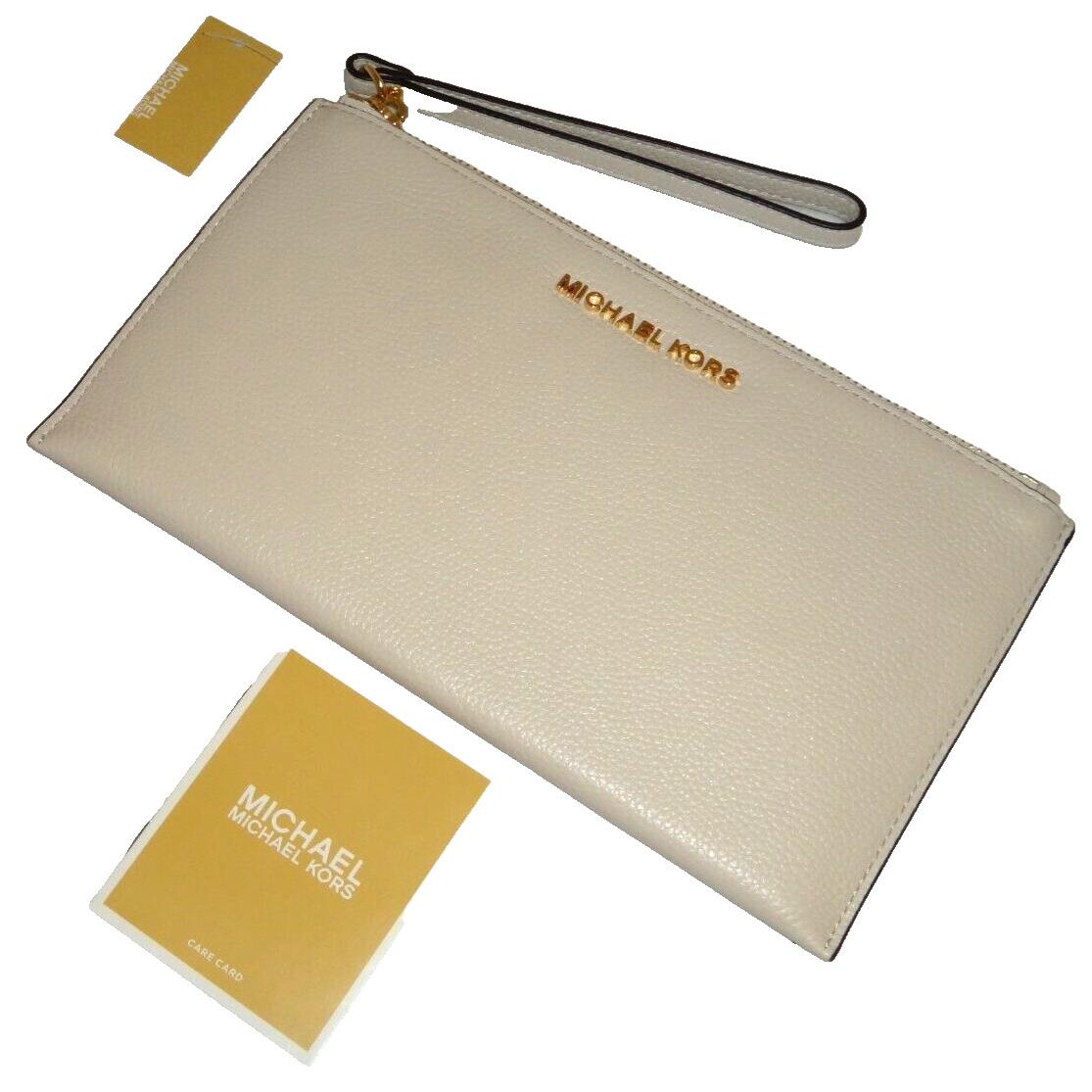 Michael Kors MK Jet Set LG Zip Clutch Wristlet Wallet White Vanilla Leather Gold