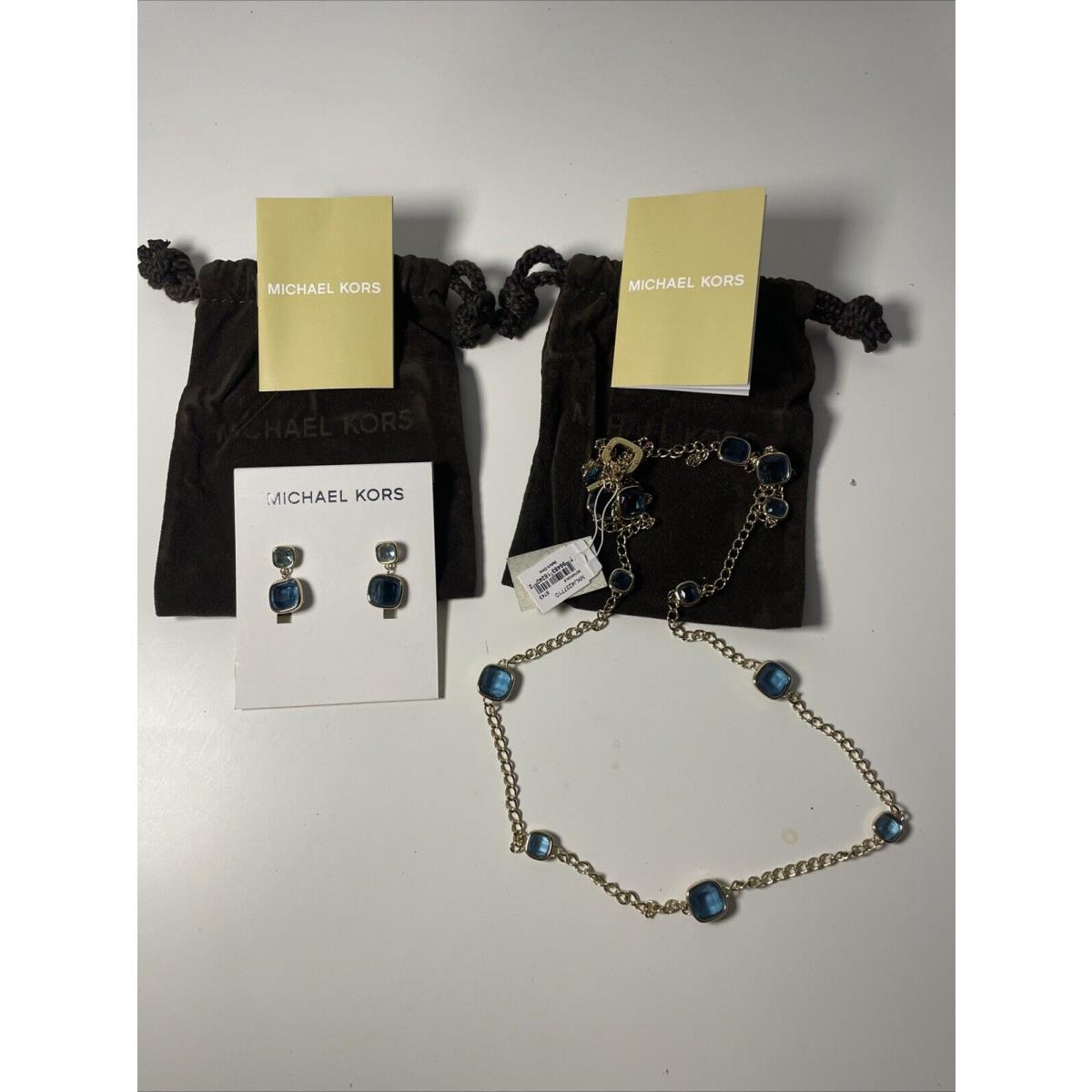 Michael Kors Botanicals Gold Tone Chain Necklace/blue Stone Earring Set