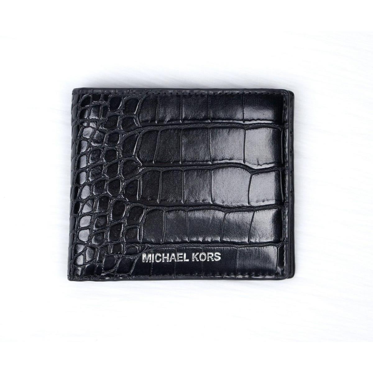 Michael Kors Men Cooper Croc Embossed Black Leather Billfold Bifold Wallet