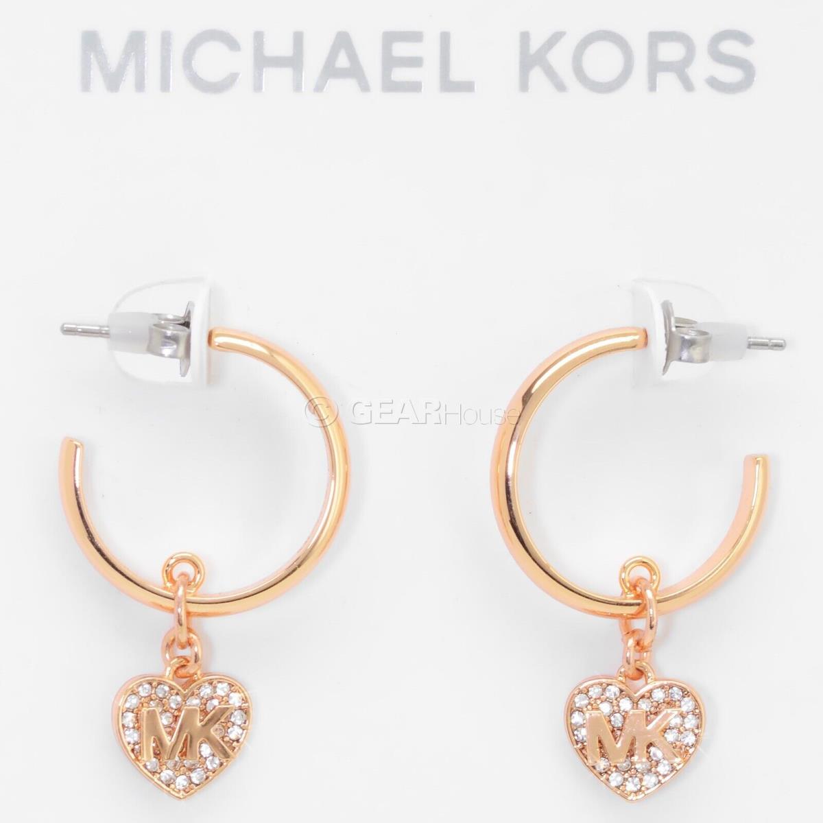 Michael Kors Womens Dangle Heart C Hoop Earrings Pave Crystals Rose Gold Tone MK