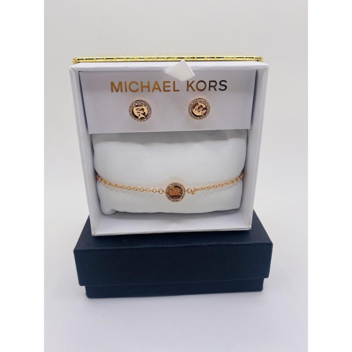 Michael Kors MK Logo Rose Gold Slider Bracelet Earrings Crystals MKJ7807710