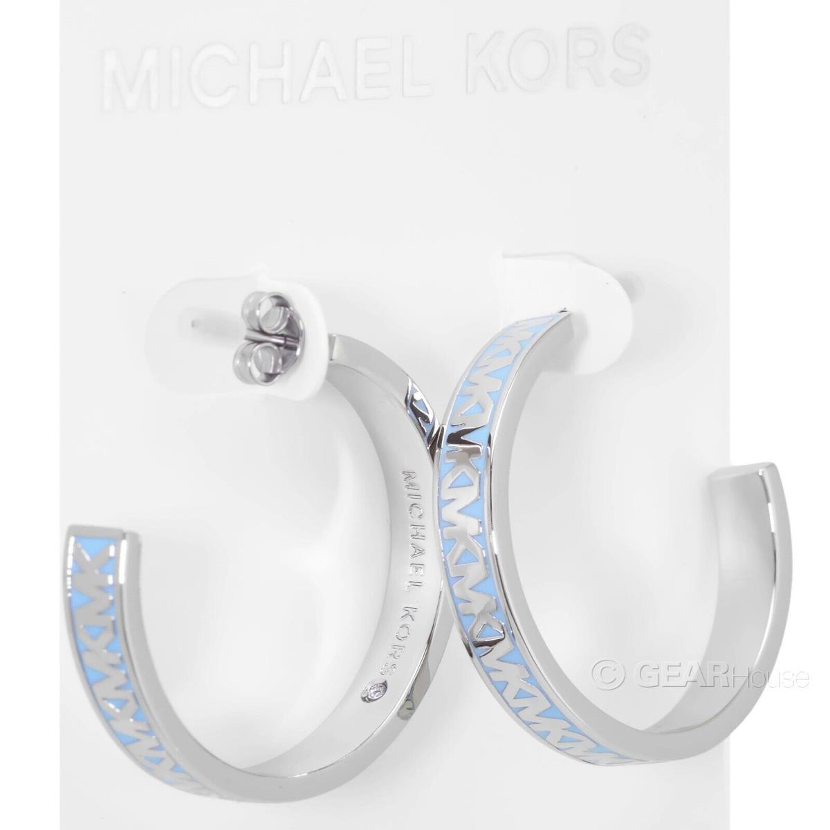 Michael Kors Womens C Hoop Silver Brass Earrings w/ Light Blue Enamel MK Logo