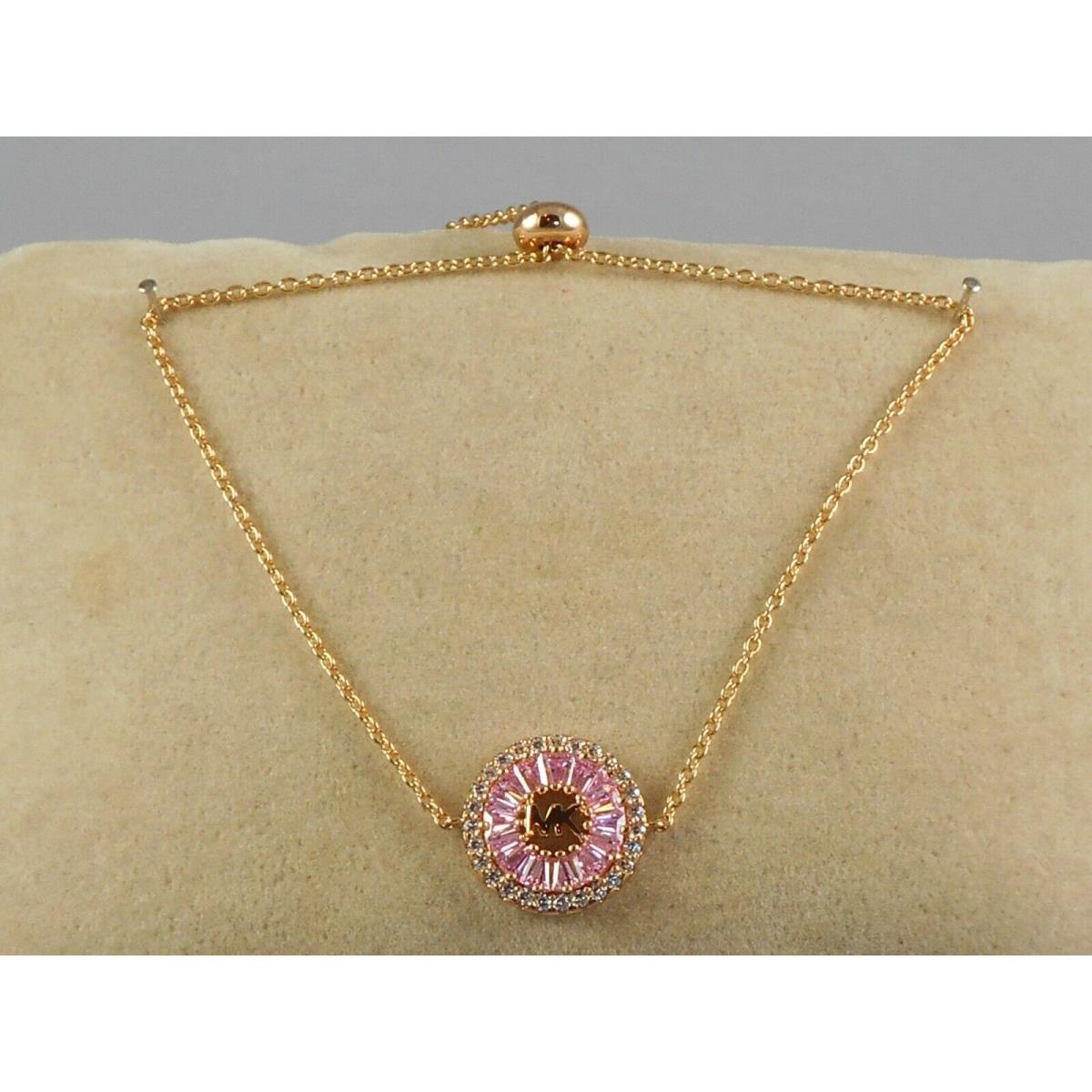 Michael Kors Rose Gold Plated Sterling Silver Pink CZ Logo MK Medallion Bracelet