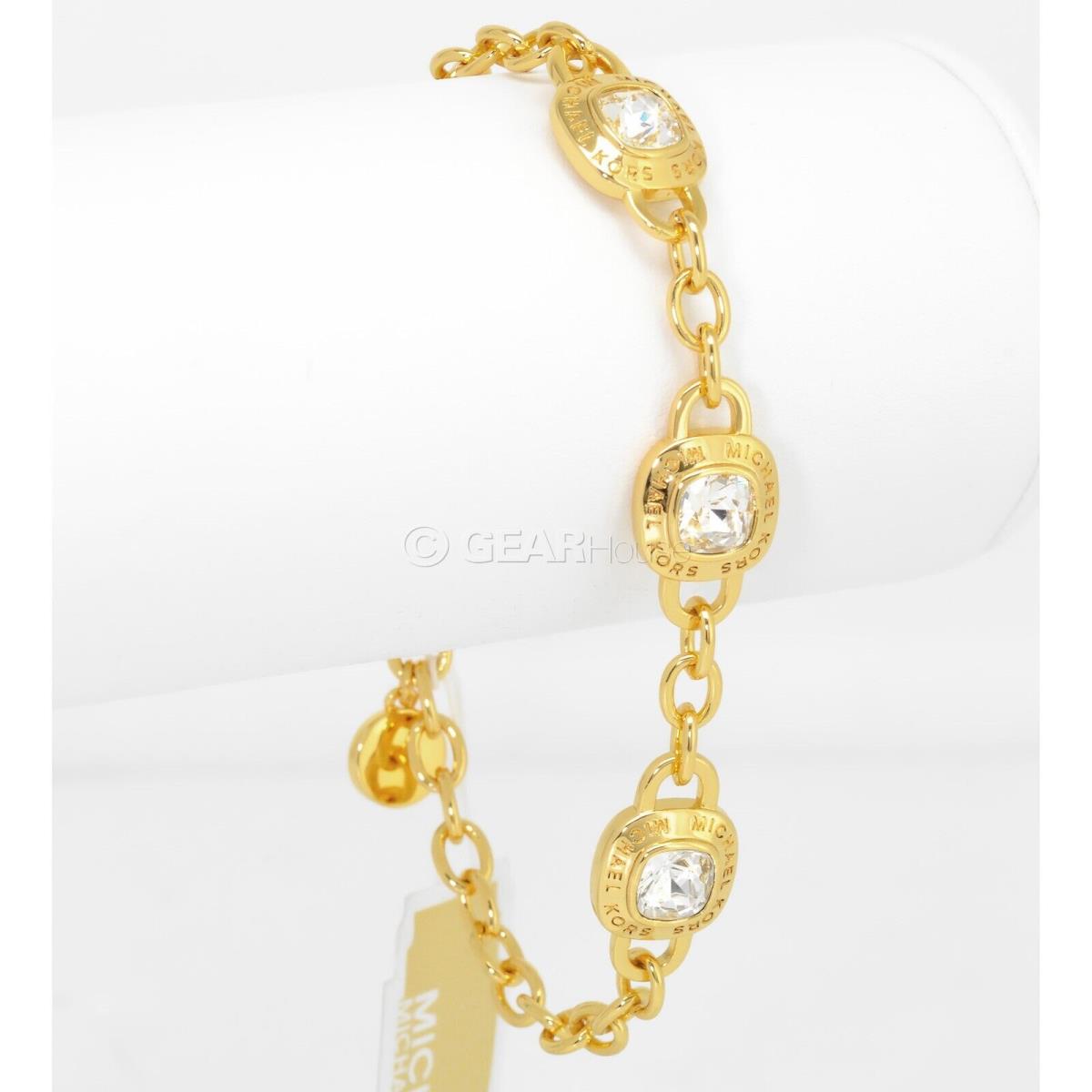 Michael Kors Womens Gold Brass Station Chain Bracelet w/ Clear Crystals