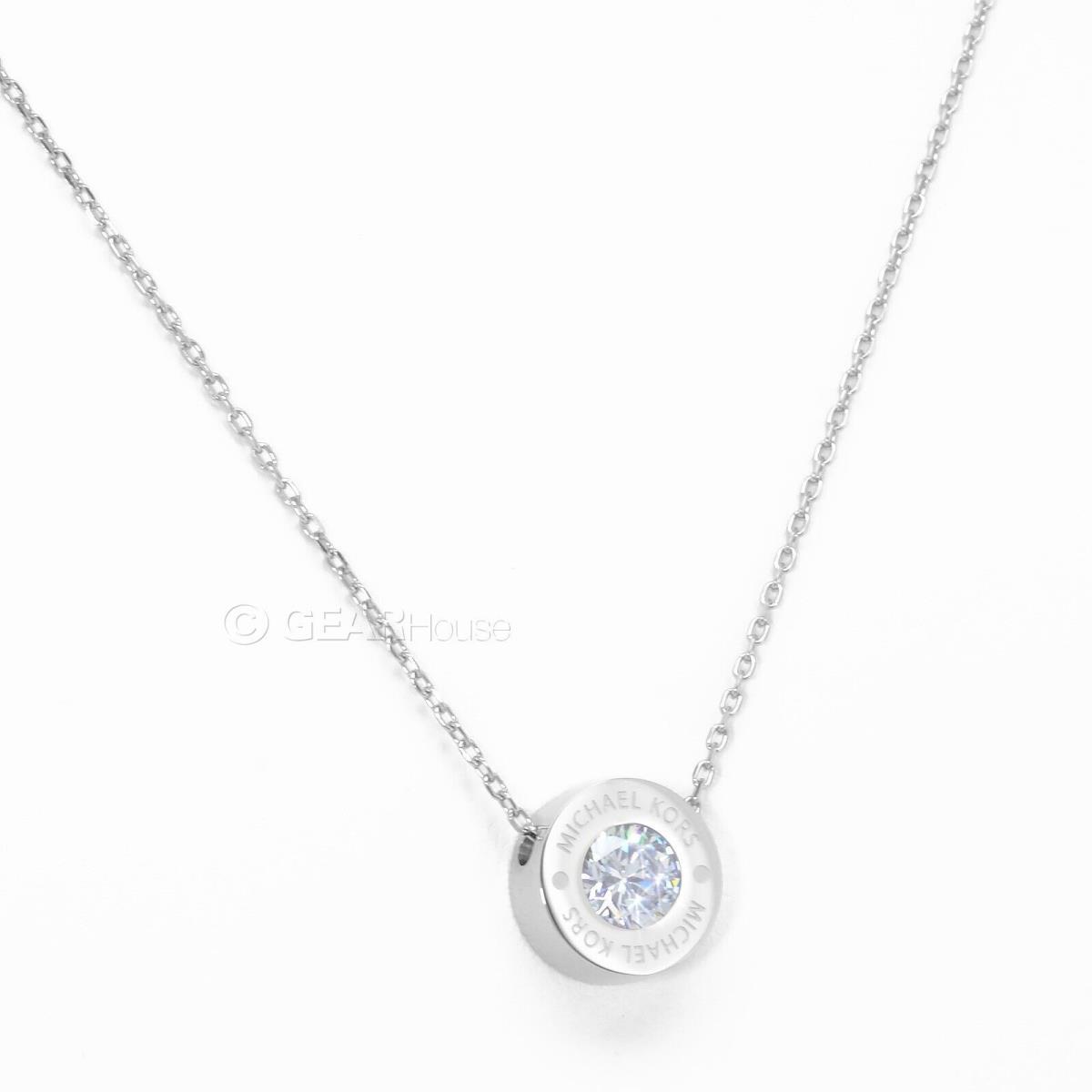 Michael Kors Womens Silver Stainless Steel Crystal Pendant w/ Chain Necklace