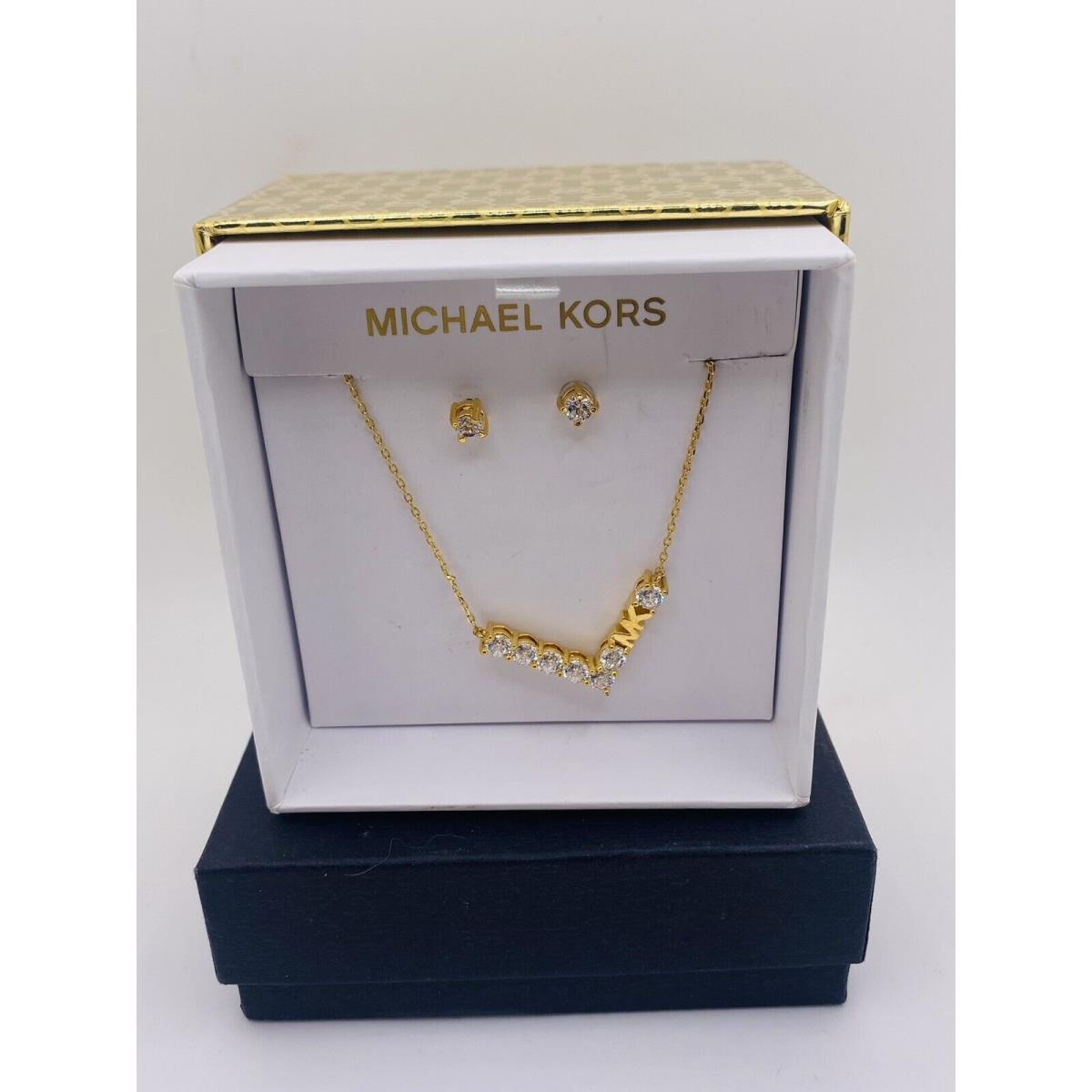 Michael Kors Gift Set Gold Necklace Earrings MK Logo Crystals