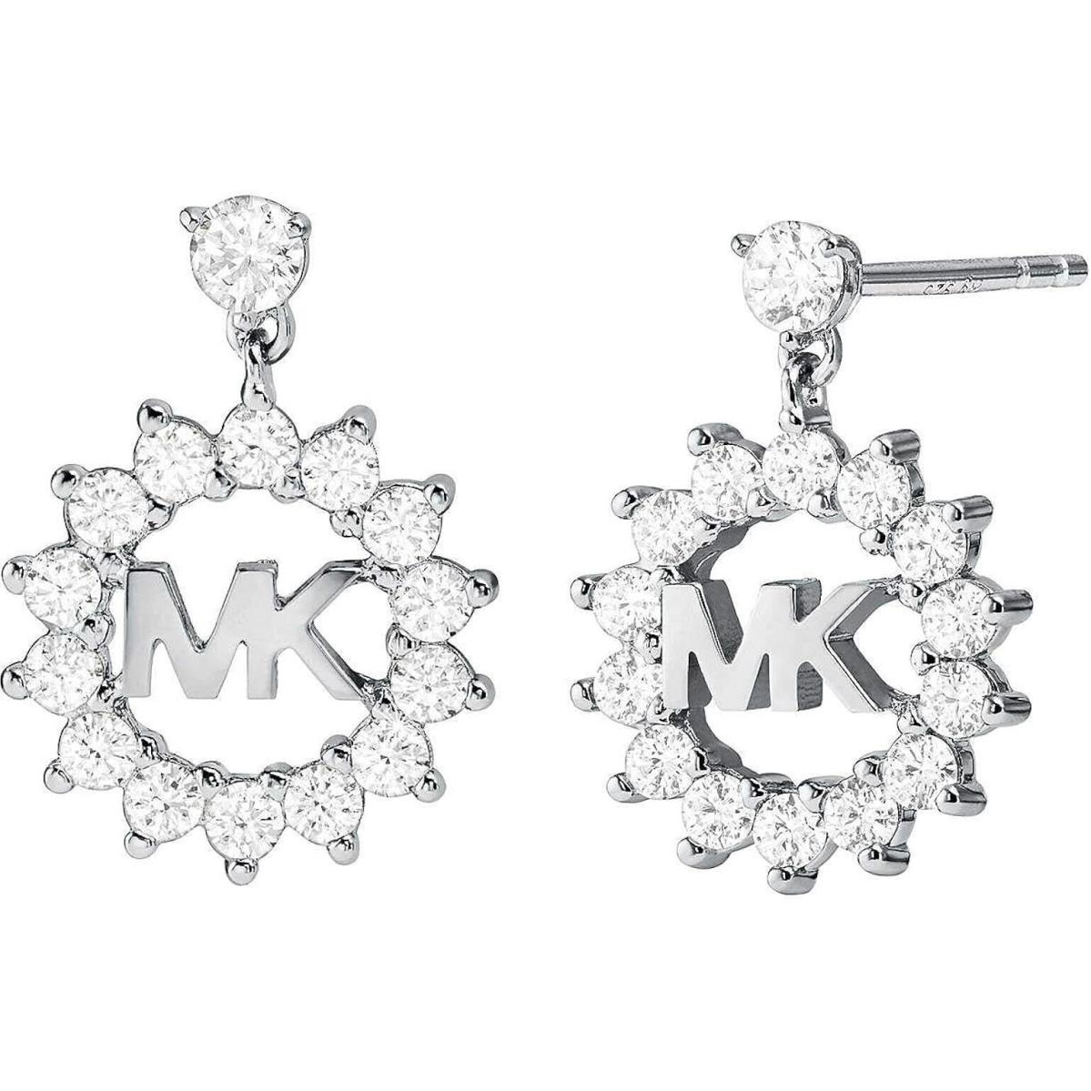 Michael Kors Sterling Silver Crystals MK Monogram Logo Drop Earrings MKC1254