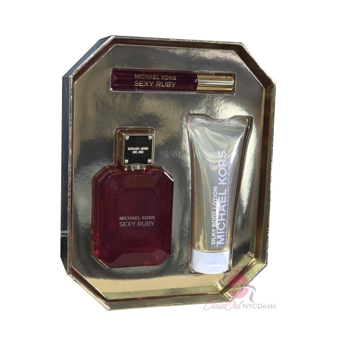 Sexy Ruby by Michael Kors 3 PC Set-3.4oz Edp Spray+0.34oz Rollon+3.4oz B/ Lotion