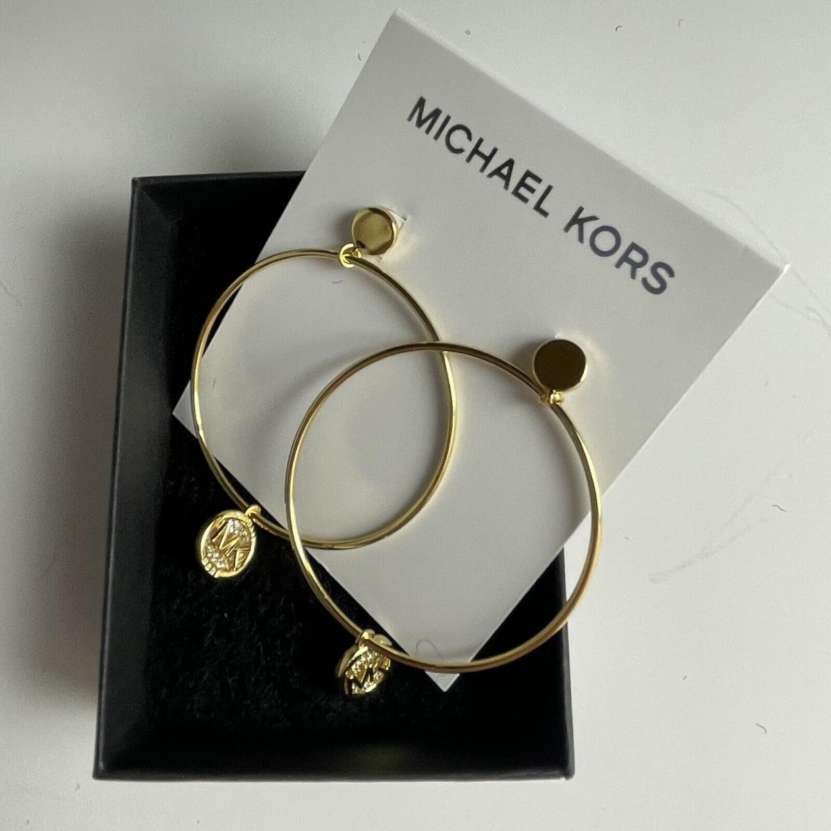 Michael Kors Earrings Goldtone Crystal Hoop MK Round Logo Drop MKJ8035 710