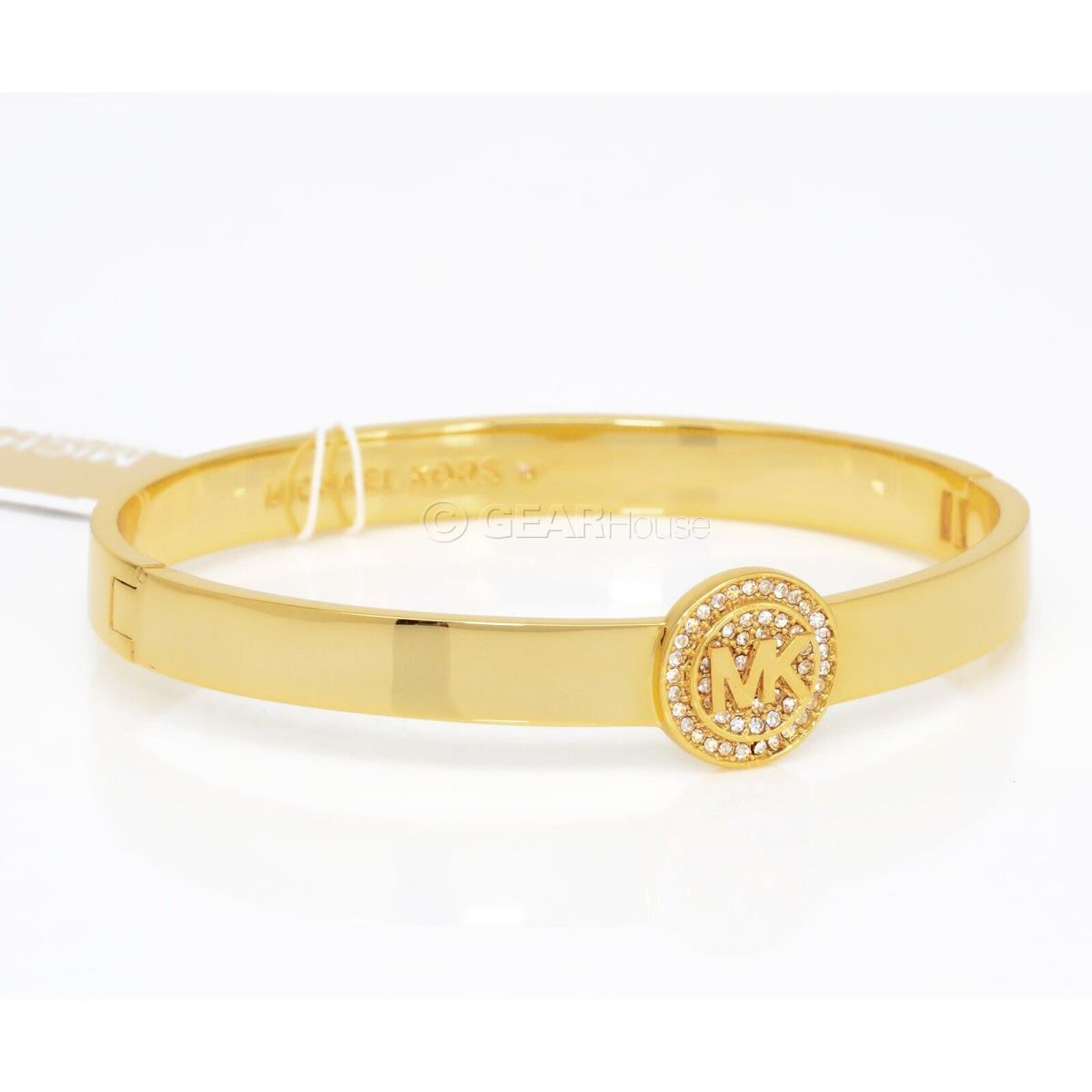 Michael Kors Womens Gold Tone Brass Bangle Bracelet w/ Pave Crystals MK Plaque