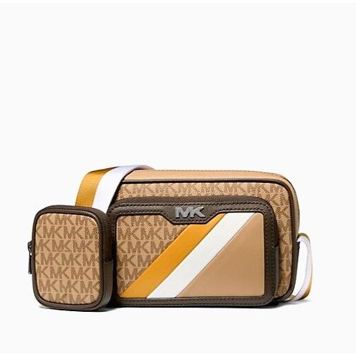 Michael Kors Rivington Striped Logo Camera Bag Golden Rod Multi with Pouch