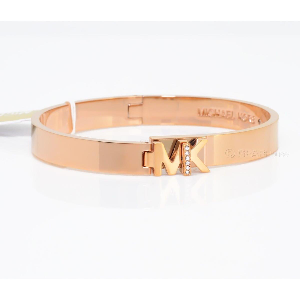 Michael Kors Womens Rose Gold Steel Bangle Bracelet Twist Lock MK Clasp Crystals