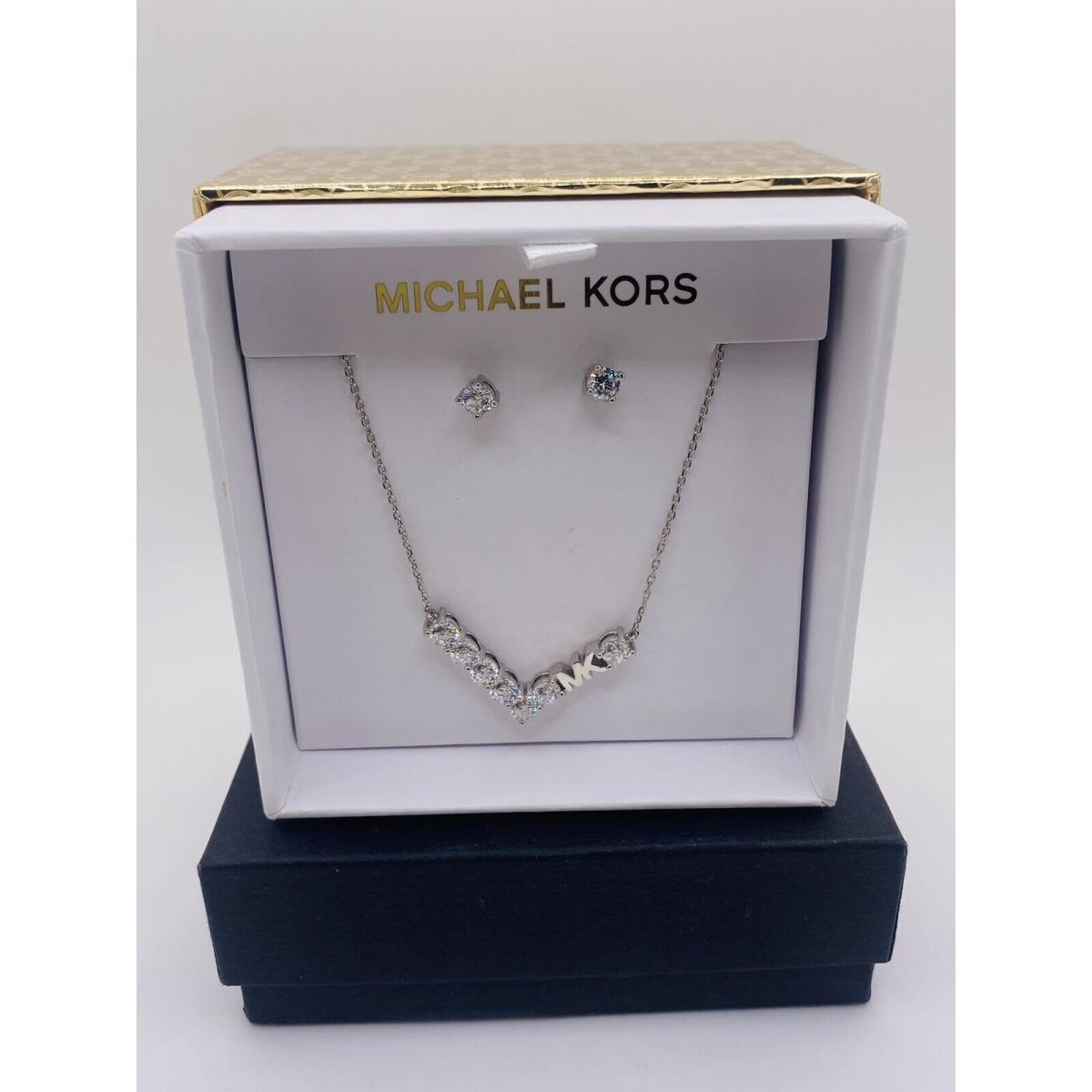 Michael Kors Gift Set Silver Necklace Earrings MK Logo Crystals