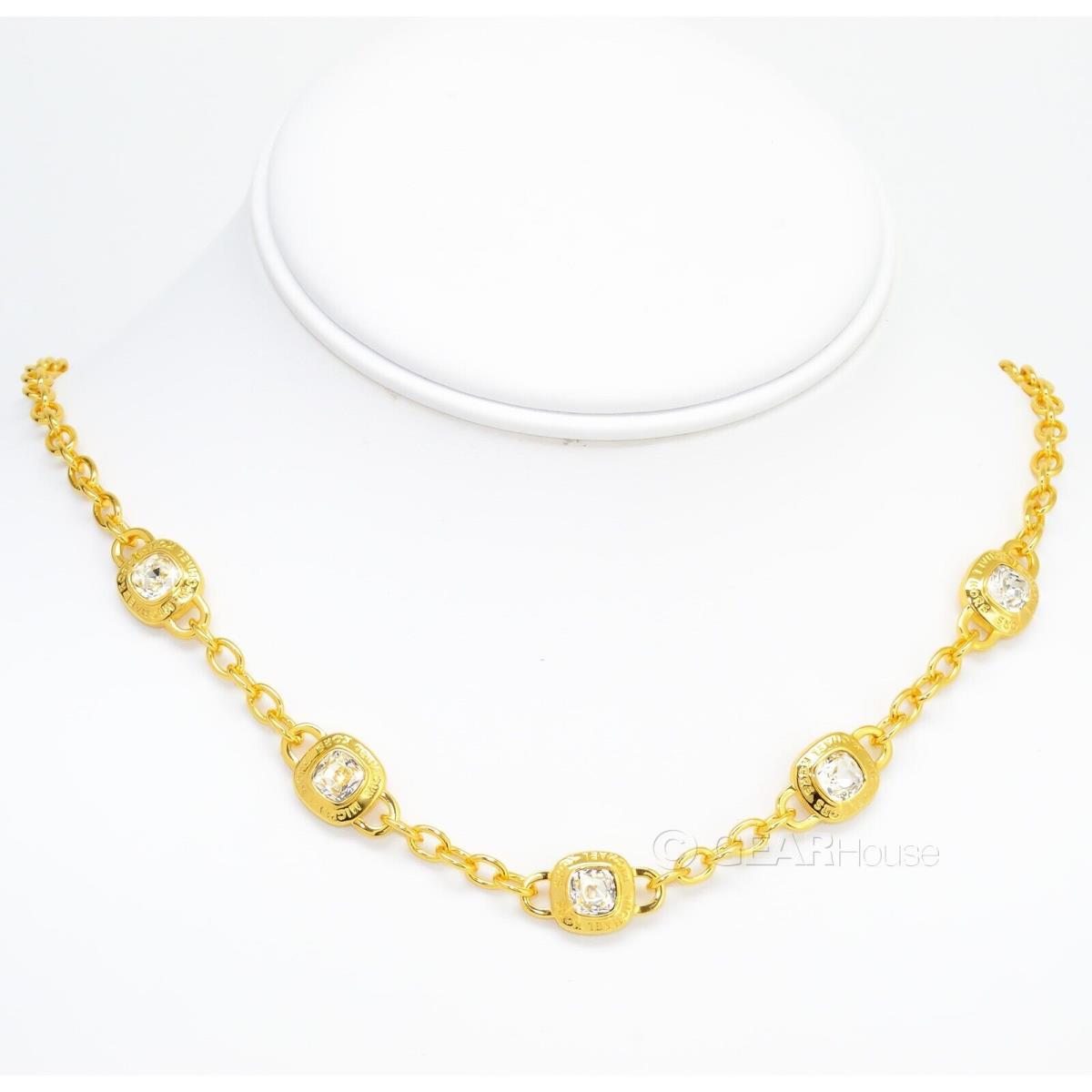 Michael Kors Womens MK Gold Brass Station Chain Necklace w/ Clear Crystals