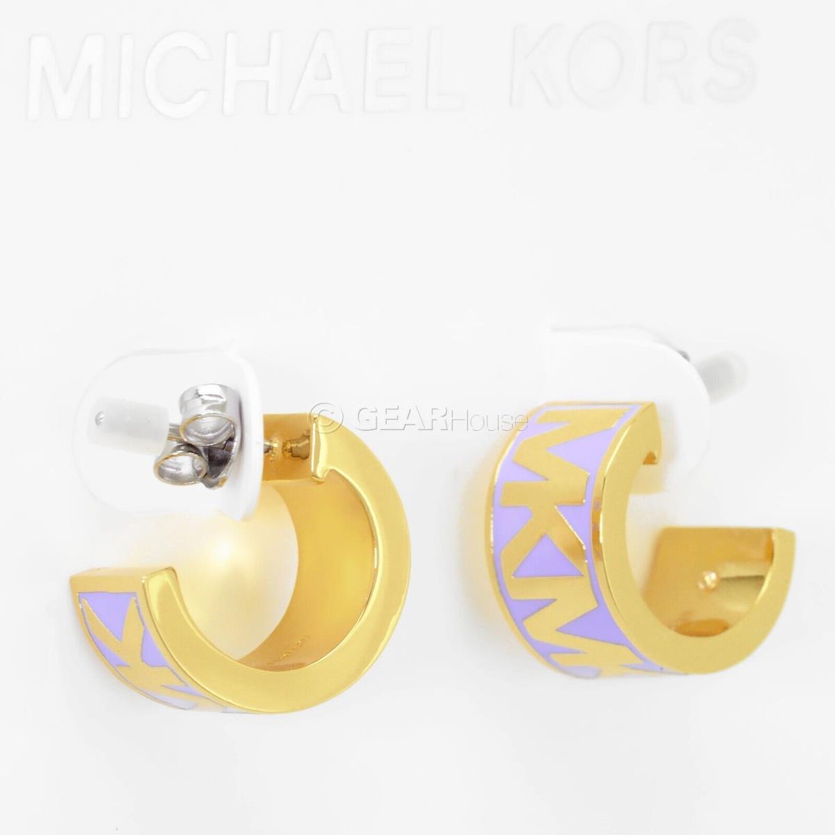 Michael Kors Womens Chunky C Hoop Gold Earrings w/ Purple Enamel MK Logo