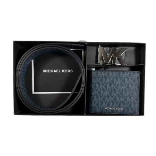 Michael Kors Men`s Belt Wallet Gift Set Reversible Blue Signature MK